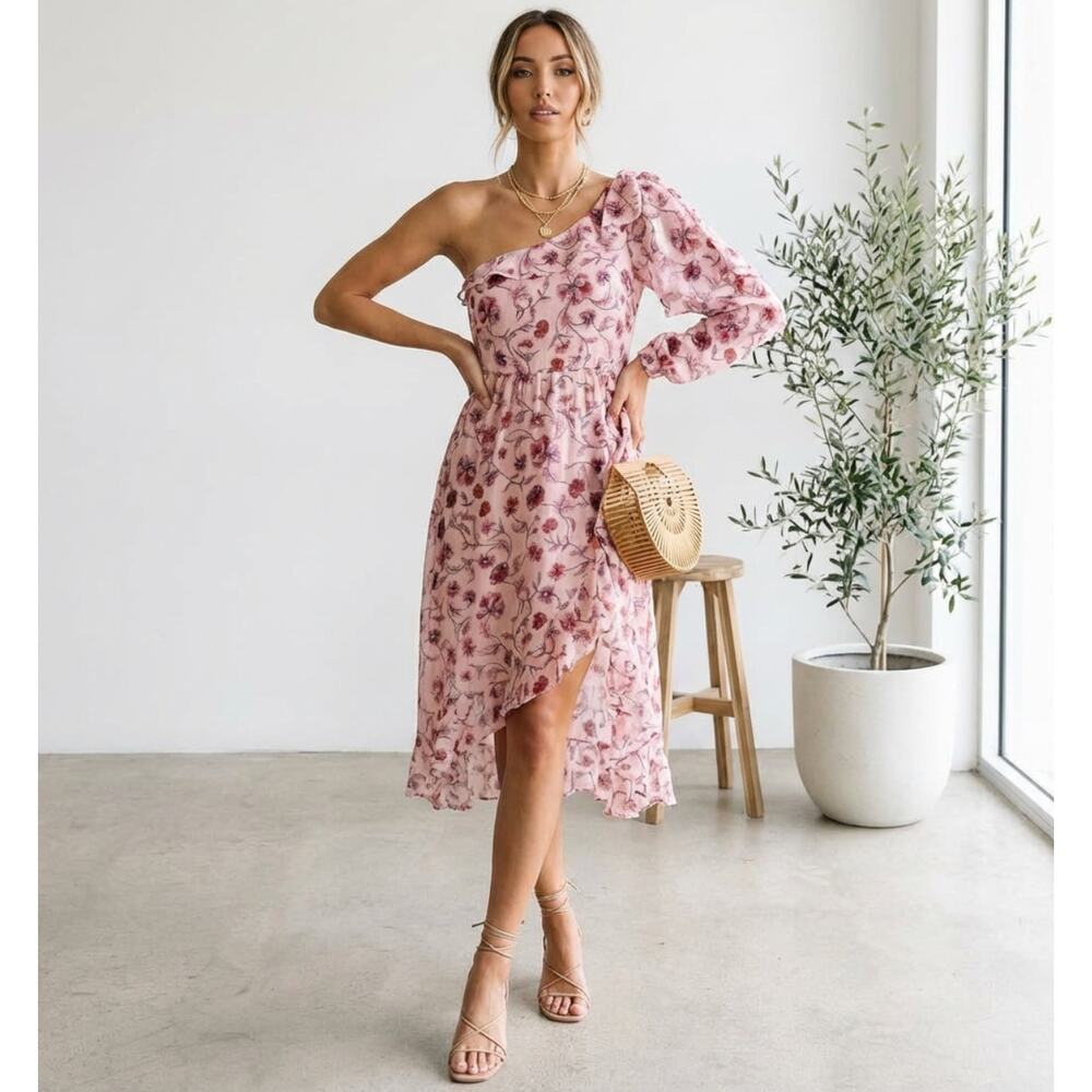 For Love & Lemons Pink Floral One-Shoulder Midi Dress